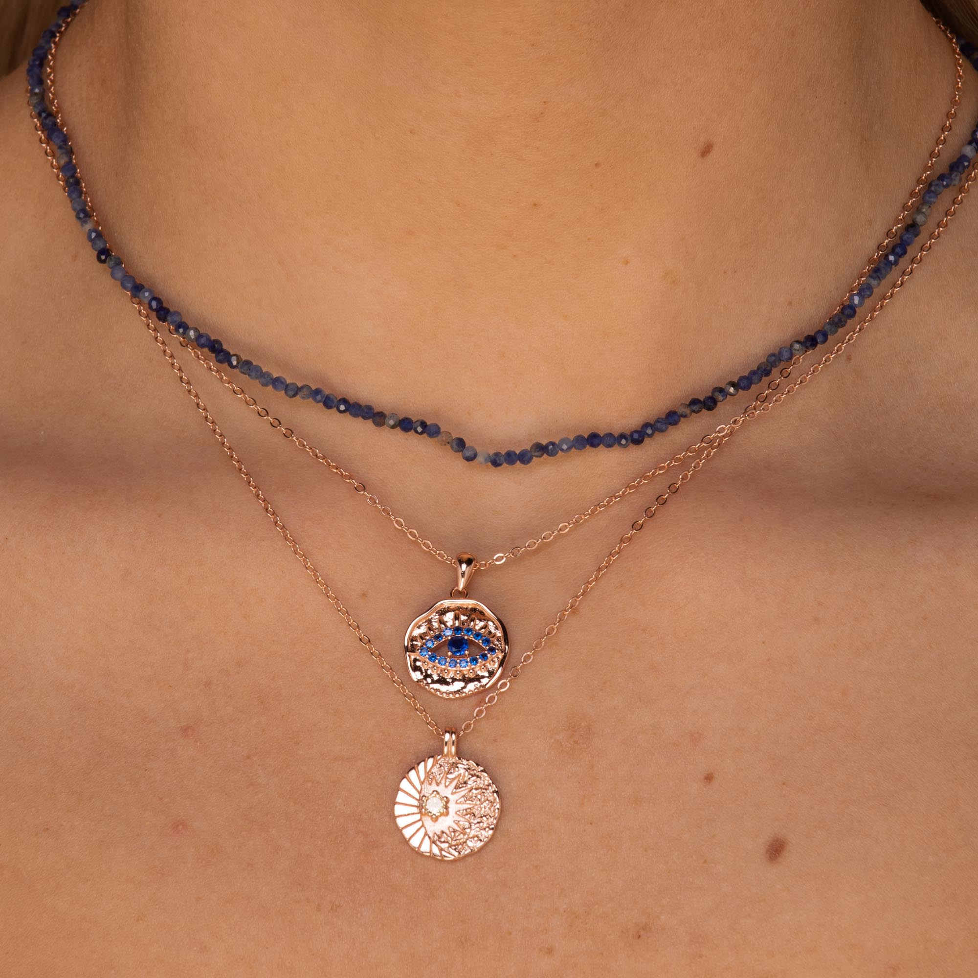 Evil Eye Cut Out Sapphire Necklace Rose Gold