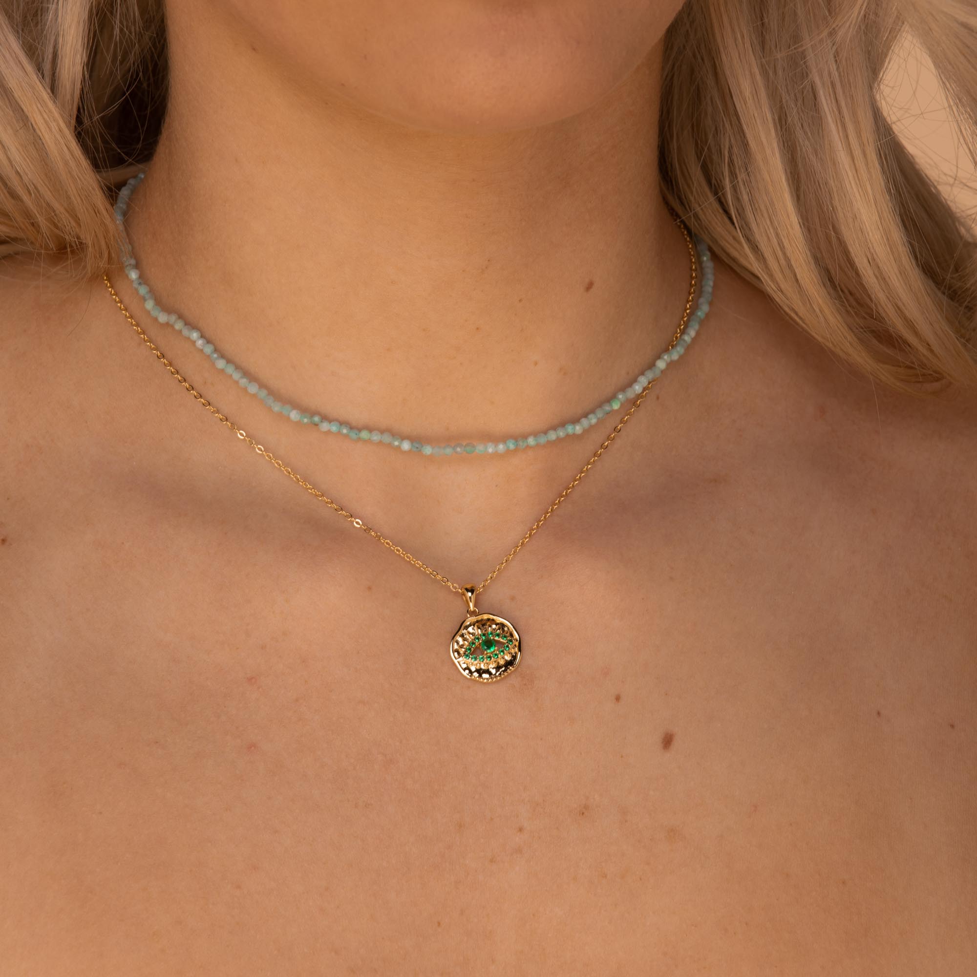 Evil Eye Cut Out Emerald Necklace Rose Gold