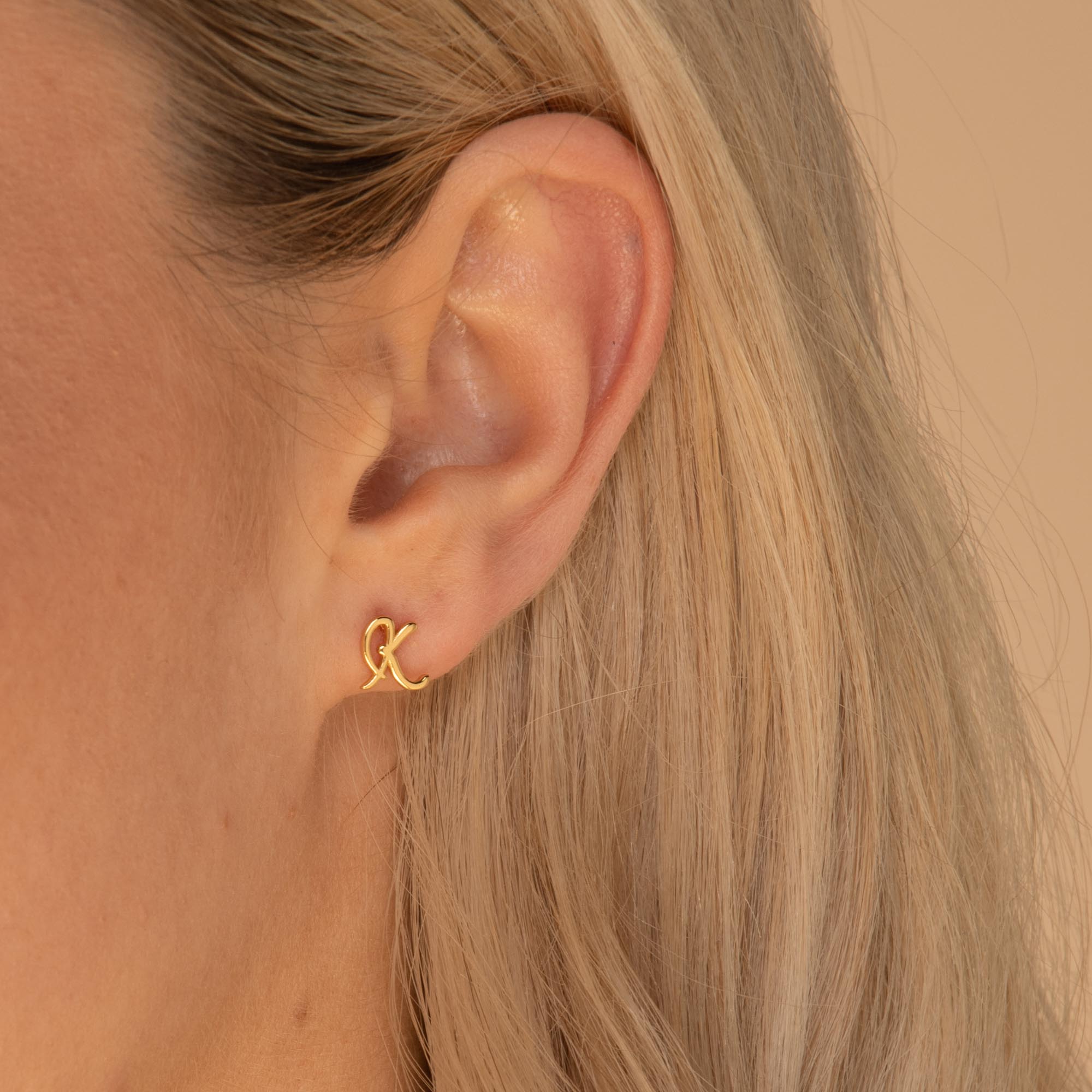 Script Initial Letter Stud Earrings Rose Gold