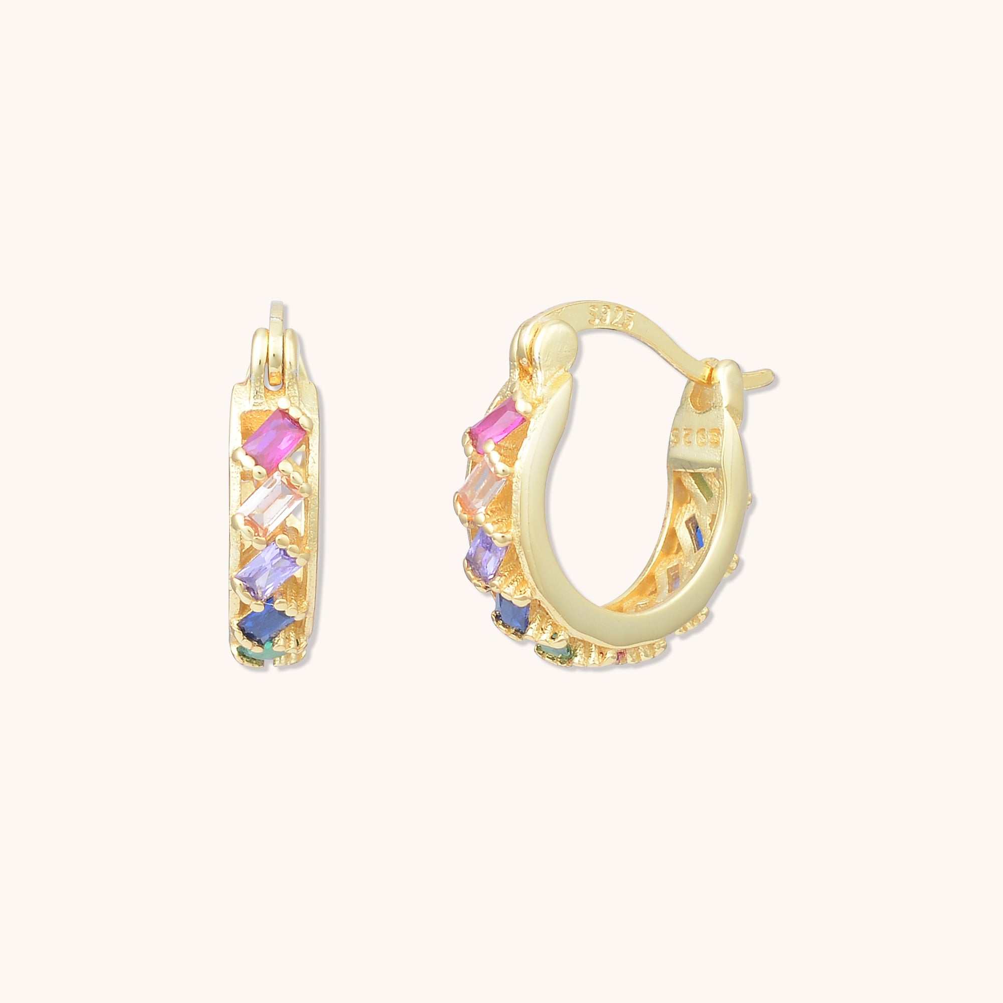 Floating Rainbow Baguette Huggie Earrings Gold