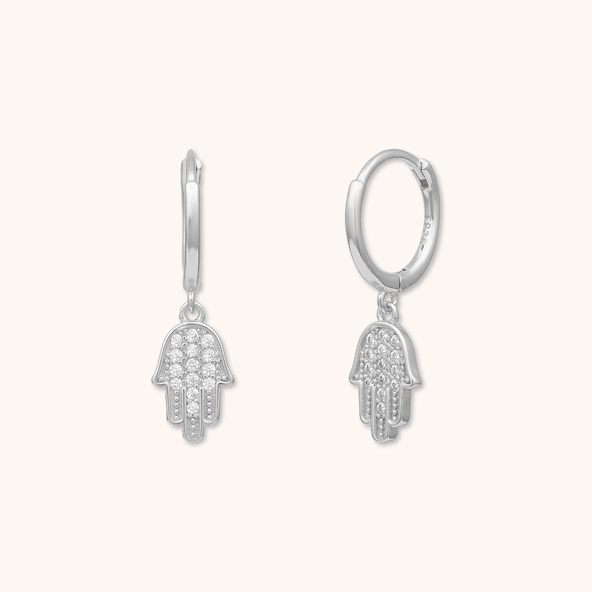 Hamsa Hand Sapphire Huggie Earrings Silver