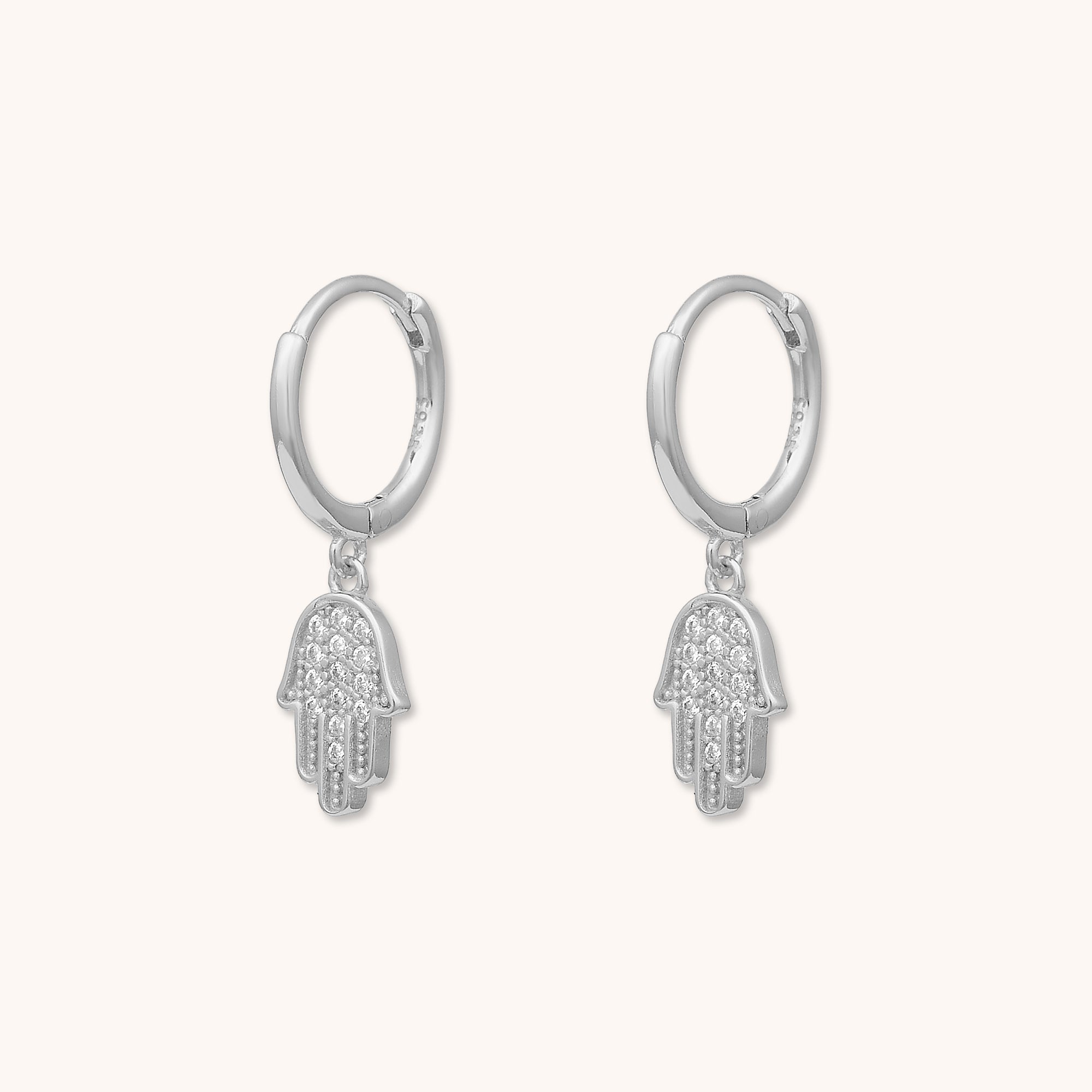 Hamsa Hand Sapphire Huggie Earrings Silver