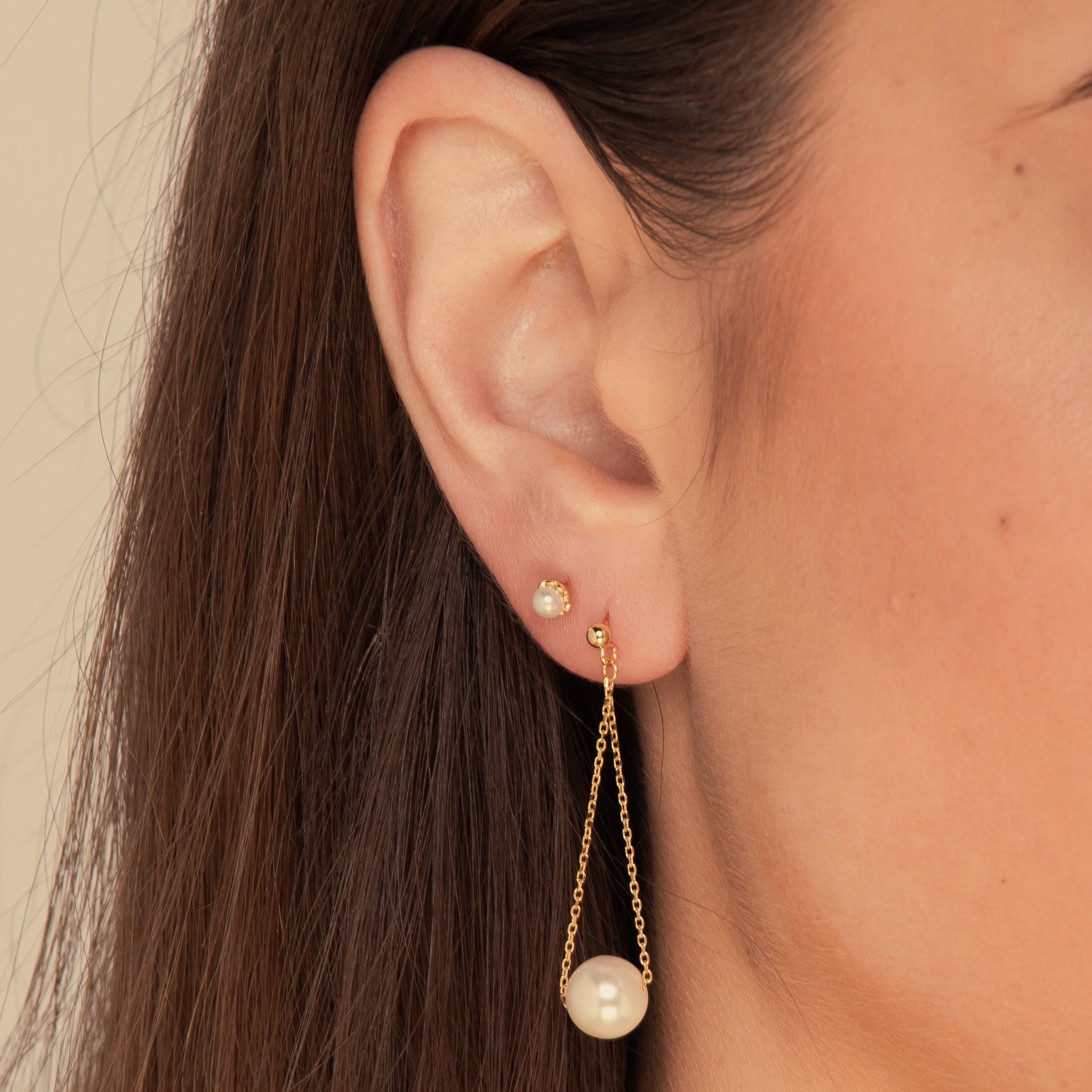 Haze Pearl Long Chain Stud Earrings Gold